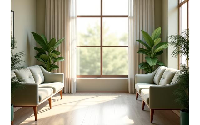 Inviting, naturally lit interior of AetherianLuxora Bloom's Boulder office, featuring comfortable seating and subtle green elements.