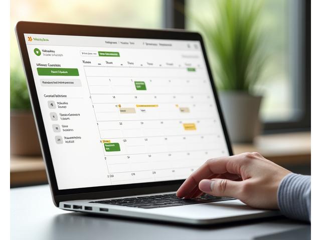 A digital calendar interface showing available appointment slots for health consultations, with a person interacting with it on a laptop.
