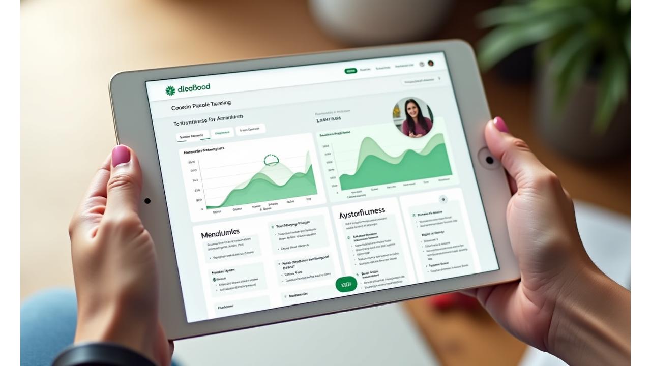 A sleek, modern user interface of the AetherianLuxora Bloom virtual coaching platform displayed on a tablet, showing clear progress graphs, a video call window, and resource tabs.
